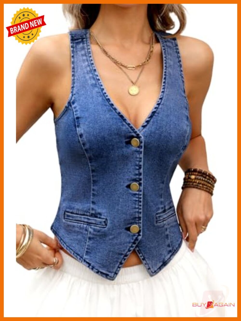 Cropped Denim Vest Western V-Neck Button Down Sleeveless Jean Top